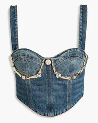 Area Claw cropped embellished denim bustier top - Blue Blue