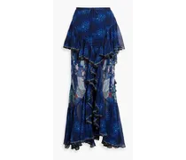 Asymmetric printed silk-georgette midi skirt - Blue