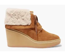 Shearling-trimmed suede wedge ankle boots - Brown