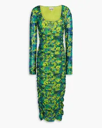 Ganni Ruched printed stretch-mesh midi dress - Green Green