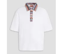 Crochet knit-trimmed cotton-jersey polo shirt - White