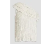 Ravenna one-shoulder plissé-satin top - White