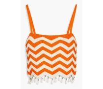 Embellished cropped striped crochet-knit top - Orange