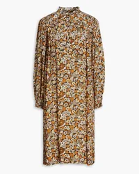 Antik Batik Gathered floral-print crepe de chine dress - Brown Brown