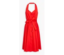 Belted gathered poplin halterneck dress - Red