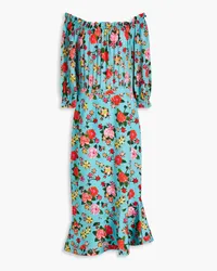 Saloni Grace off-the-shoulder floral-print silk-crepe de chine midi dress - Blue Blue