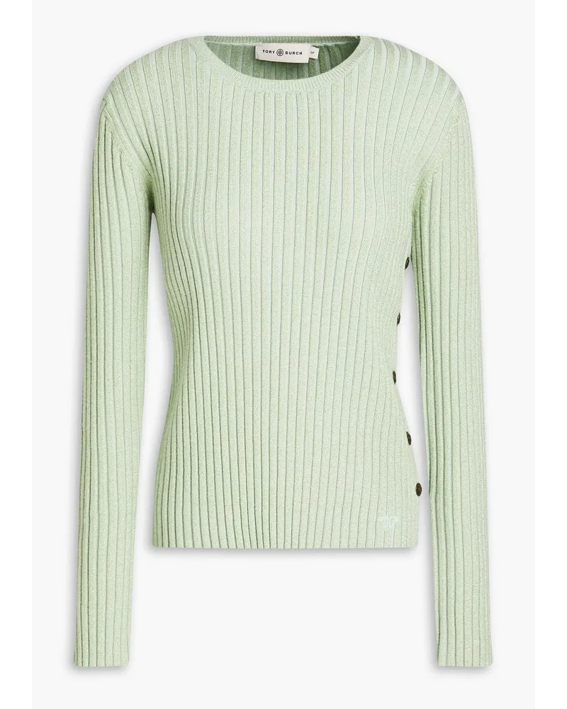 Tory Burch Metallic ribbed merino wool-blend sweater - Green Green