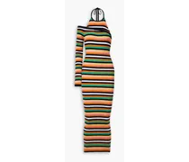 One-sleeve striped ribbed merino wool-blend halterneck midi dress - Multicolor