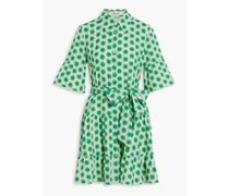 Beata gathered printed cotton-jacquard mini shirt dress - Green