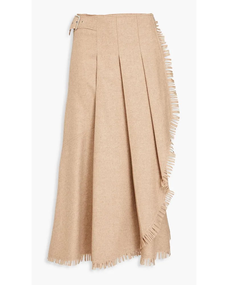 Alberta Ferretti Fringed pleated wool-blend felt midi wrap skirt - Neutral Neutral