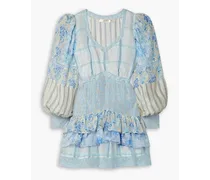 Sienne ruffled printed silk crepe de chine mini dress - Blue
