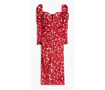Ruched floral-print cotton-blend poplin midi dress - Red