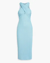 Monique Lhuillier Crossover cutout metallic ribbed-knit midi dress - Blue Blue