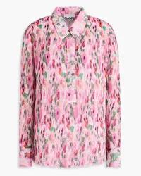 Ganni Floral-print plissé-crepon shirt - Pink Pink