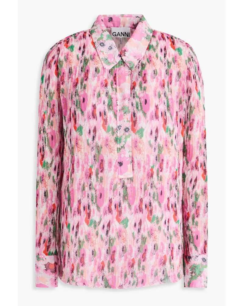 Ganni Floral-print plissé-crepon shirt - Pink Pink