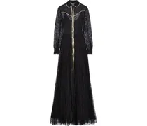 Metallic leather-trimmed silk-lace gown - Black