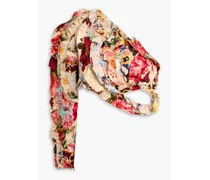 One-shoulder cropped floral-print linen and silk-blend top - Red
