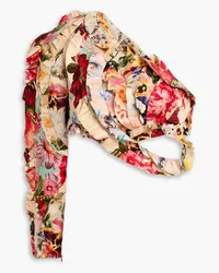 Zimmermann One-shoulder cropped floral-print linen and silk-blend top - Red Red