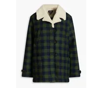 Faux shearling-trimmed gingham twill coat - Green