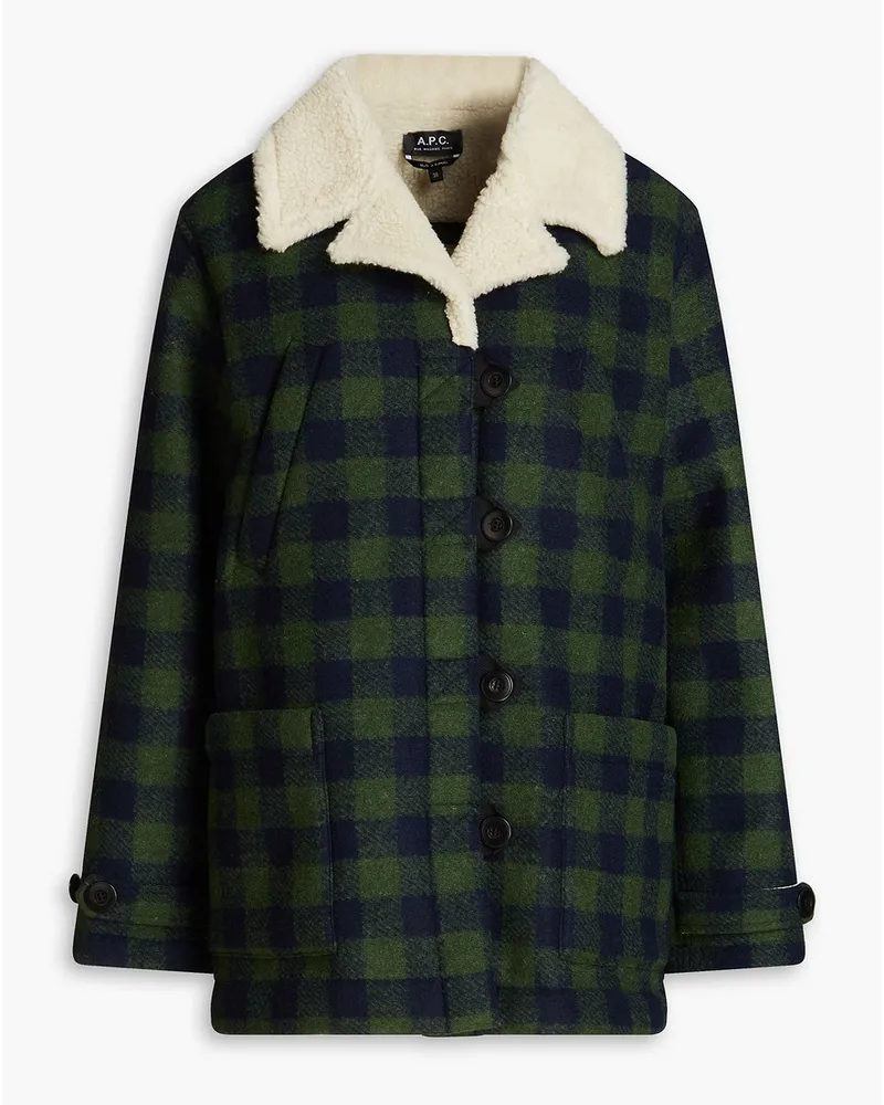 A.P.C. Faux shearling-trimmed gingham twill coat - Green Green