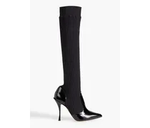 Glossed-leather and ribbed-knit knee boots - Black