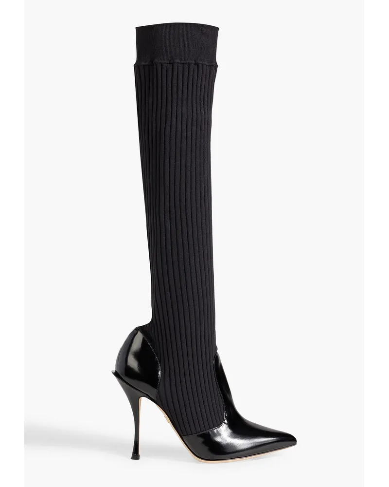 Dolce & Gabbana Glossed-leather and ribbed-knit knee boots - Black Black