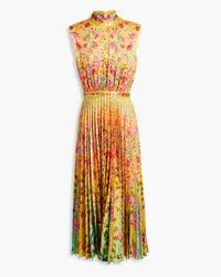 Saloni Fleur pleated printed satin-jacquard midi dress - Yellow Yellow