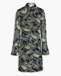 Ganni Ruched printed cloqué mini shirt dress - Green Green