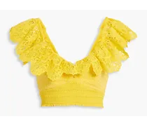 Alice Olivia - Bleeker cropped smocked broderie anglaise and guipure lace top - Yellow