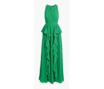 Crochet-trimmed ruffled crepe midi dress - Green