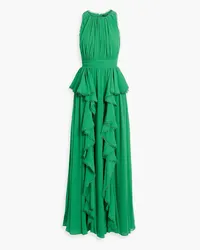 Badgley Mischka Crochet-trimmed ruffled crepe midi dress - Green Green