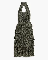 Mikael Aghal Cutout tiered printed crepe de chine midi dress - Black Black