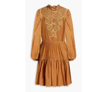 Guipure lace-trimmed pleated silk-chiffon mini dress - Brown
