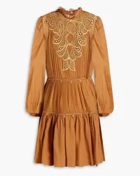 Alberta Ferretti Guipure lace-trimmed pleated silk-chiffon mini dress - Brown Brown