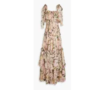 Ruffled shirred floral-print silk maxi dress - Pink