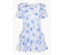 Natasha tiered floral-print cotton Swiss-dot mini dress - Blue