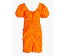 Ruched cotton-poplin mini dress - Orange