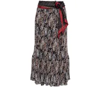 Belted pleated printed georgette midi skirt - Black