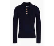 Embroidered ribbed cotton-blend polo sweater - Blue