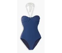 Barrier Reef twist-front ruched terry halterneck swimsuit - Blue
