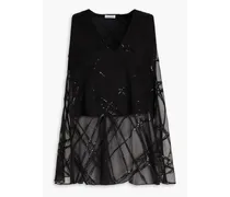 Embroidered sequin-embellished silk-organza top - Black