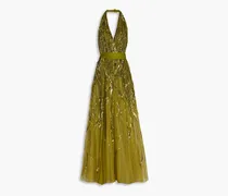 Embellished tulle halterneck gown - Green