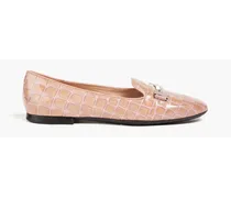 Double T glossed croc-effect leather loafers - Pink