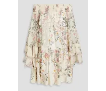 Off-the-shoulder floral-print silk crepe de chine mini dress - White