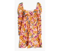 Ruched floral-print cotton-voile mini dress - Yellow