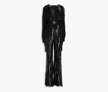 Wrap-effect embellished tulle wide-leg jumpsuit - Black