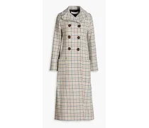 Double-breasted checked wool-blend coat - White