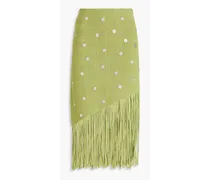Fringed embellished pointelle-knit midi skirt - Green