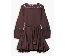 Ella belted crochet-paneled cotton mini dress - Brown