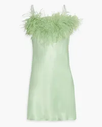 SLEEPER Boheme feather-trimmed satin mini slip dress - Green Green